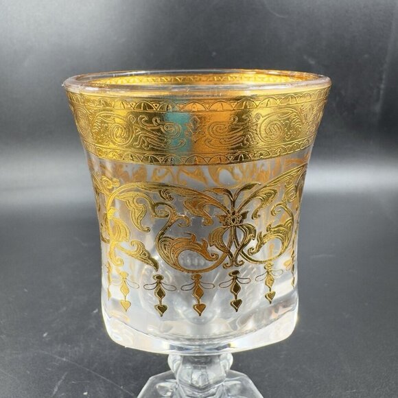 Bohemian Czech Clear Glass Goblet Cups Set2 Glasses Heavy Gold Butterfly Pattern - Picture 7 of 16